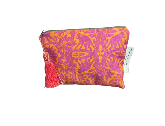Make up bag (small) - Pink Monkey on Orange - 19 cm x 14 cm